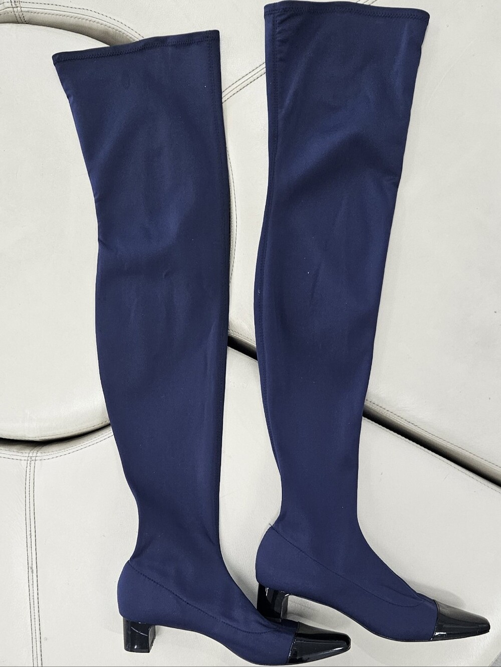 Zara Women's Navy Over-the-Knee Stretch Boots with Patent Toe